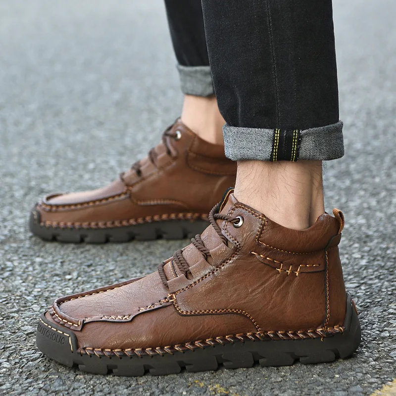 Men's PU Leather Lace-up Sneakers - Casual Walking Shoes Boots - Comfortable And Breathable