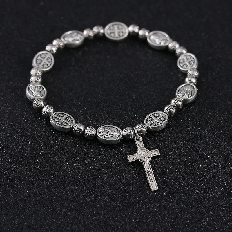 Handmade Rosary Bracelet Elasticated Metal Round Rose Alloy Beads Catholic Saints Images Prayer Car Ornament