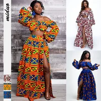 Printed African Inspired Women's Fashion Set, One-Line Neck, Full Sleeve, Off Shoulder Top, Slit Skirt 1