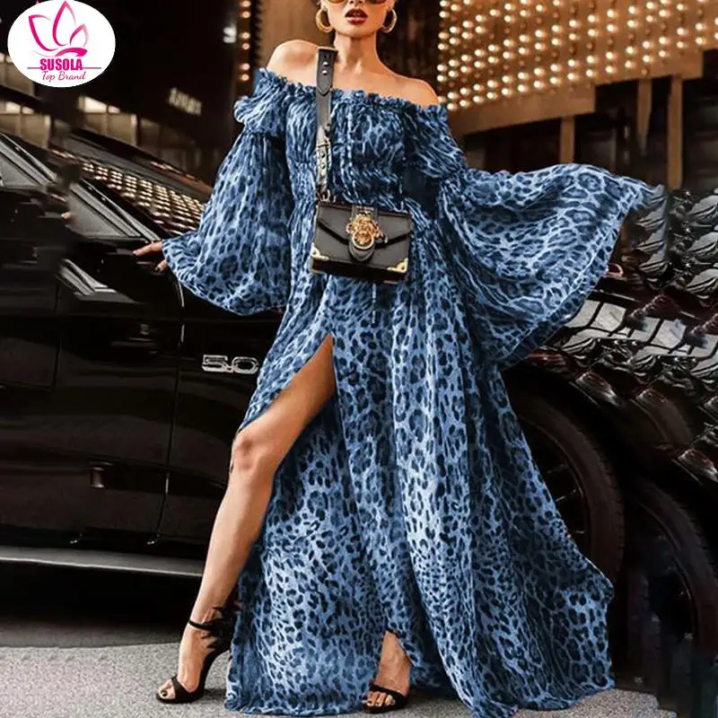 

PULABO 3 Colors Summer Fall Bohe Off Shoulder Sexy Leopard Print Maxi Dress Ladies Chiffon Split Long Sleeves Dresses