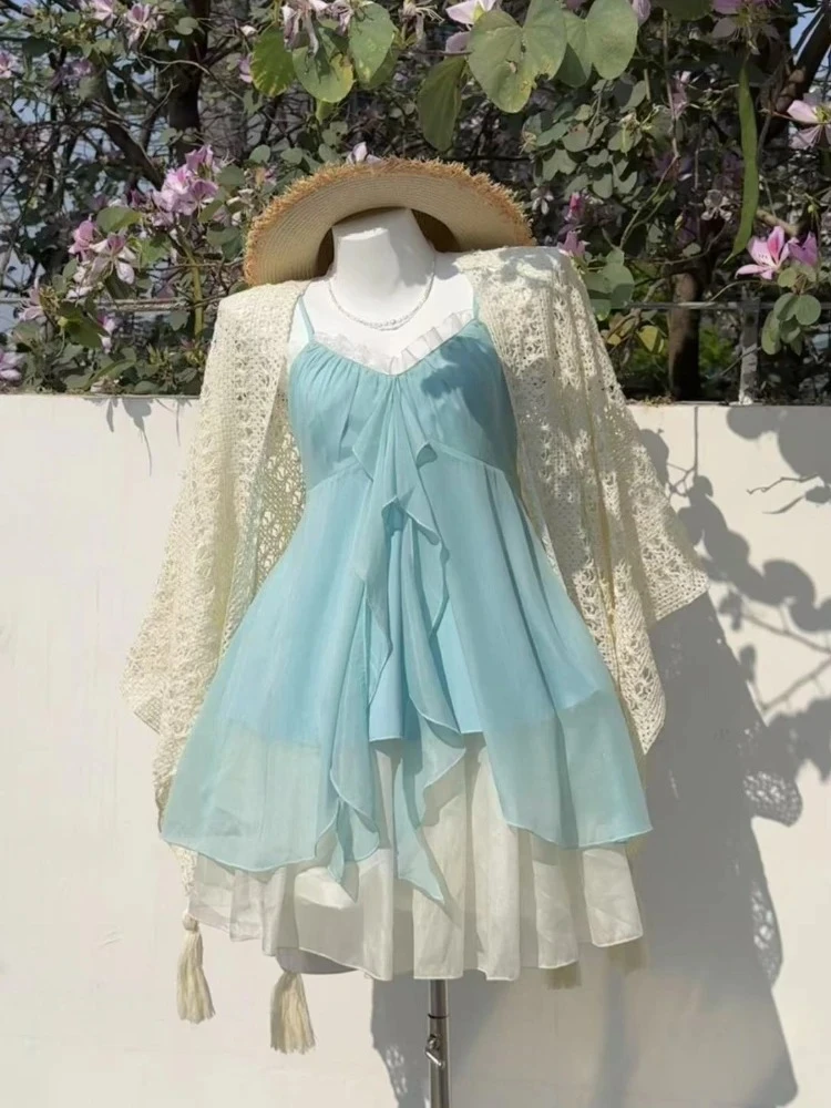 Women Sleeveless Vintage Japanese Bubble Dress Camisole 2026 Summer Y2K Kawaii Chic Beach Party Stylish Outfits 6