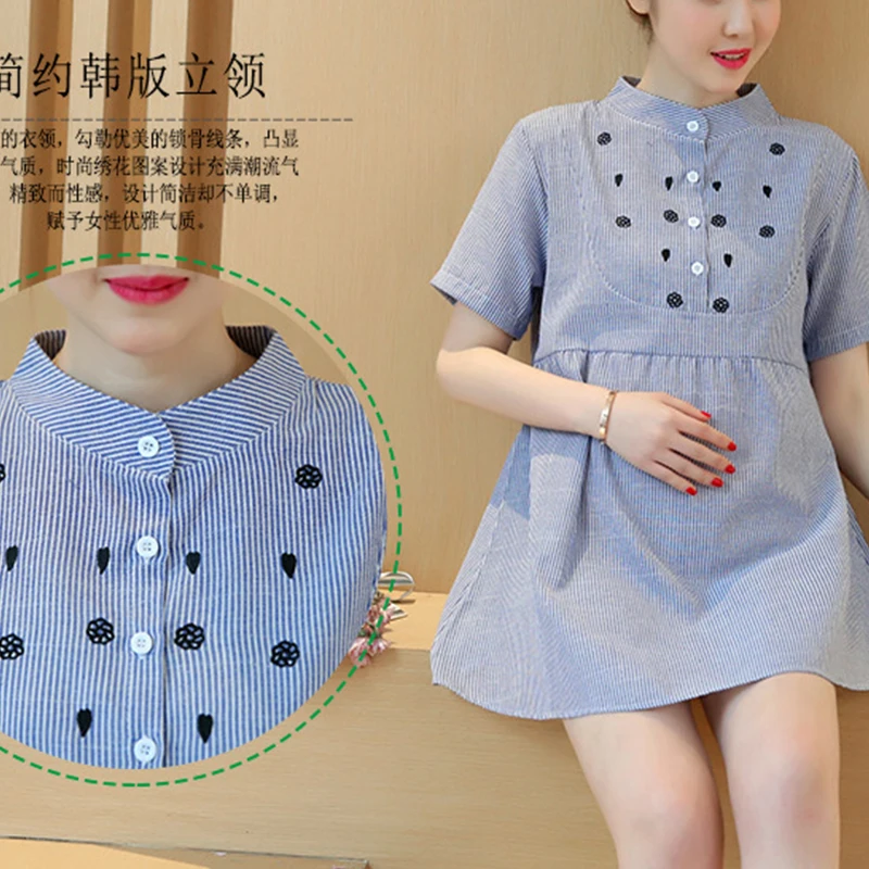 Maternity Woman Summer Long Loose Stripe Shirts Fashion Stripe Embroidery O-Neck Cotton And Linen Blouse Pregnant Woman Clothes 2
