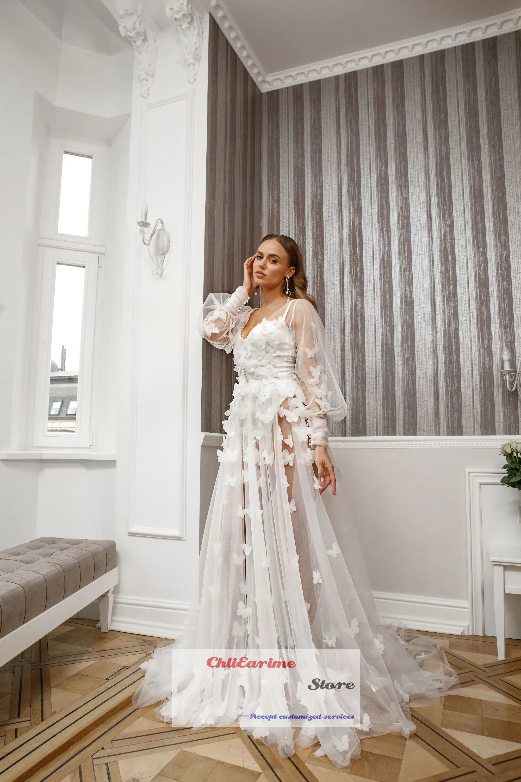 

2023 свадебное платье с 3D бабочками, свадебное платье из тюля для медового месяца