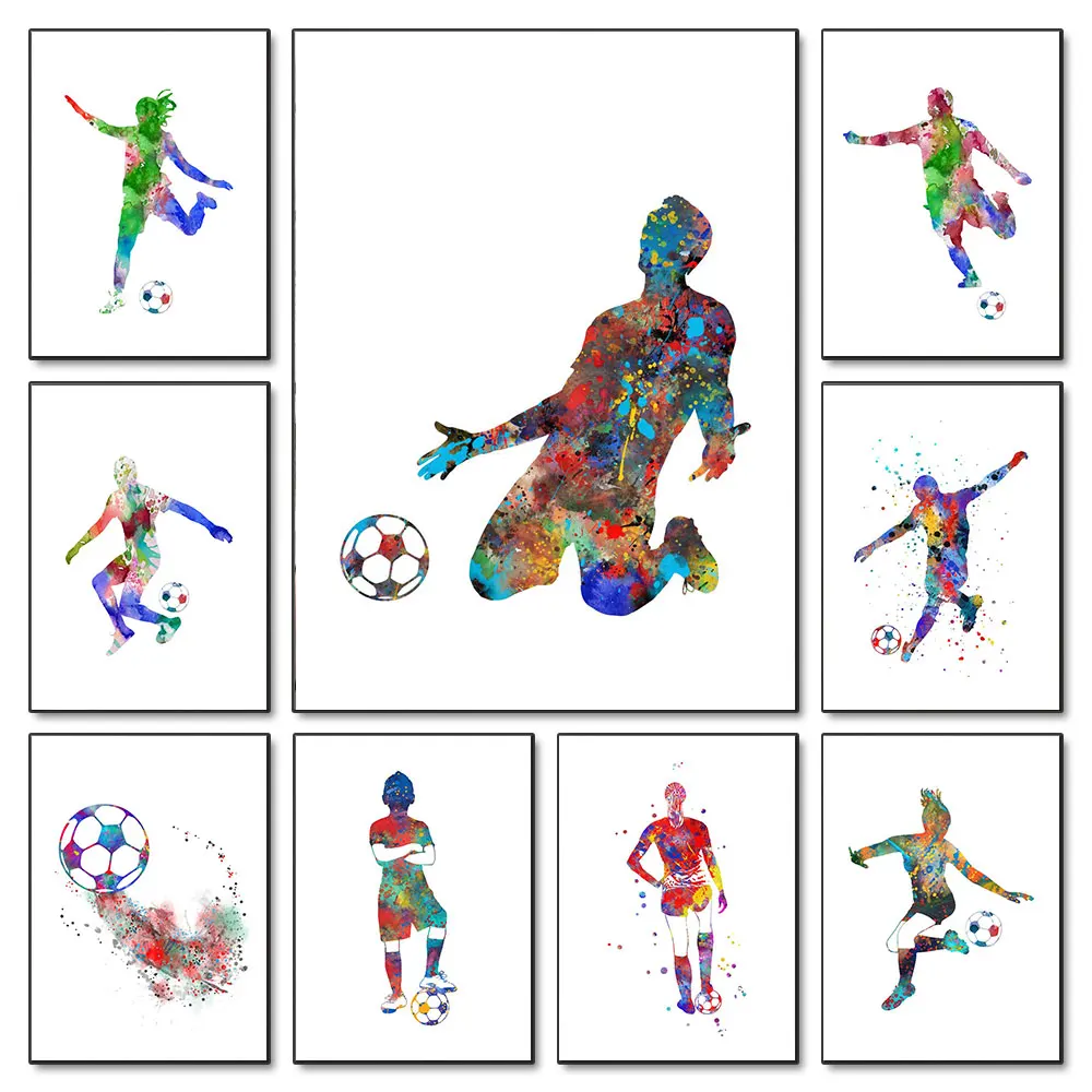 

Cartoon Soccer Player Watercolor Poster Print Canvas Painting Color Football Wall Art Picture Baby Boy Girls Bedroom Home Decor