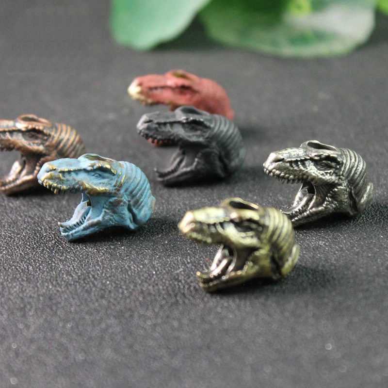 Jurassic Tyrannosaurus Rex Head Brass Knife Beads Dinosaur EDC Outdoor DIY Paracord Woven Lanyard Keychain Pendants Tool Jewelry