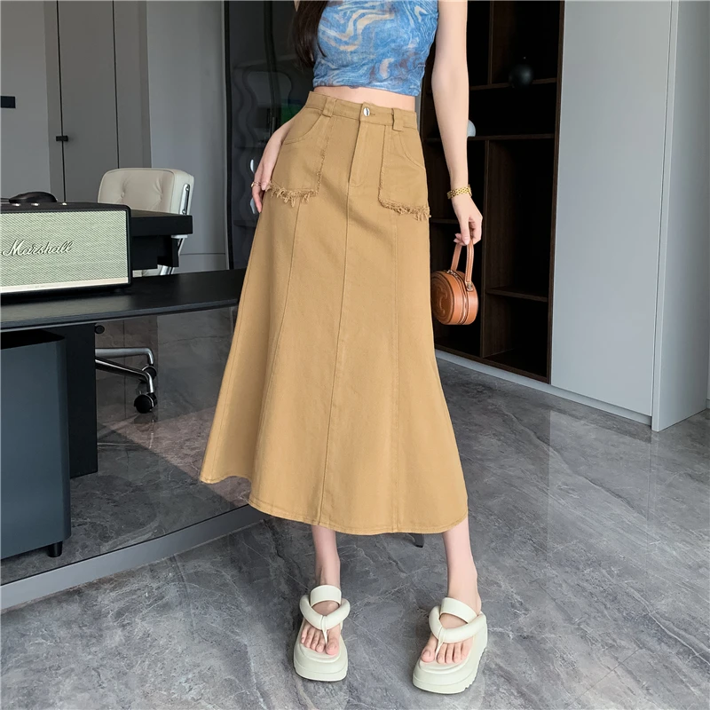 

Vintage Khaki Denim High Waist Mermaid Skirts Women Spring Summer New Fashion A-line Long Skirt Ladies Elegant Jean Skirts