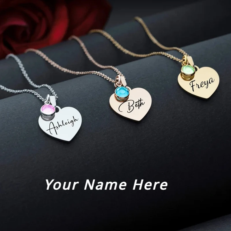 Personalized Heart Pendant Name Necklace Custom 12 Birthstone