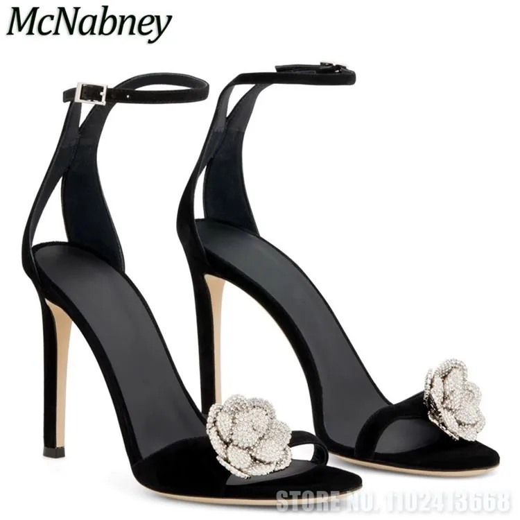 

Rhinestone Flower High Heels Women's Stiletto Kid Suede Black Sexy Sandals Concise Narrow Band Belt Lady Runway Banquet Pumps