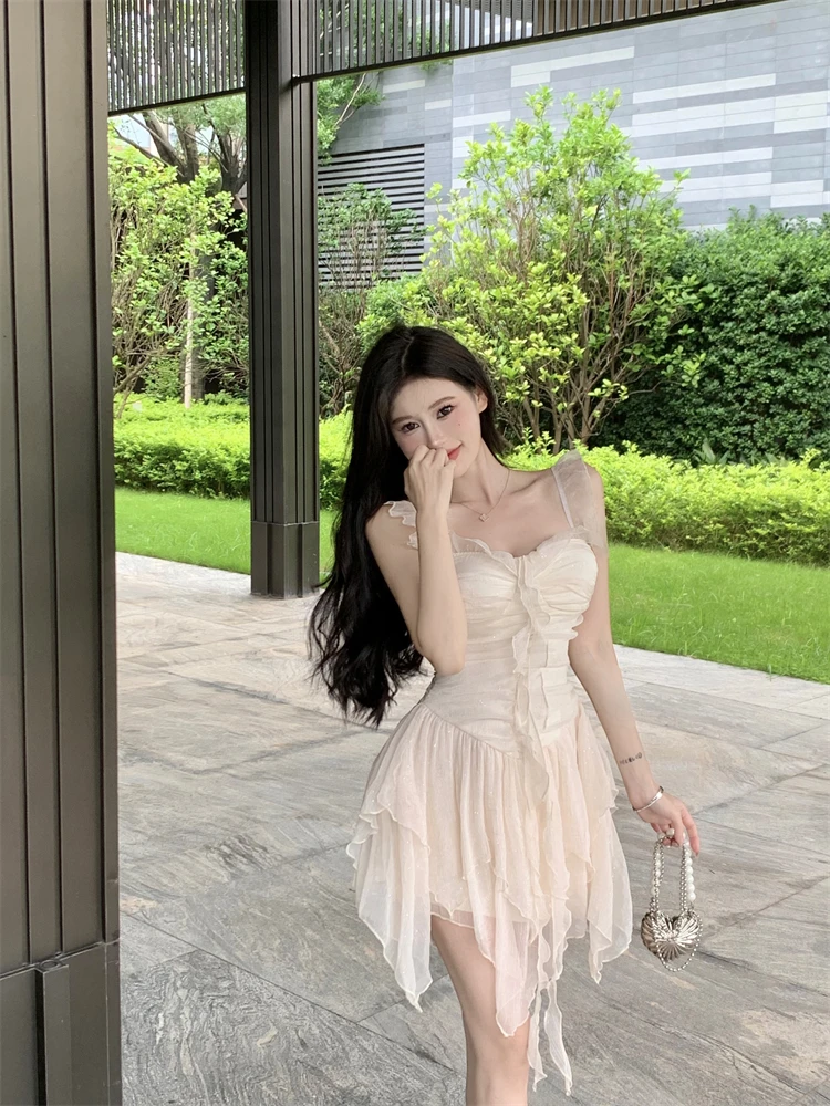Y2K Irregular Ruffles Short Dresses for Women Spaghetti Strap High Waist A-line Summer New Korean Fashion One Piece Party Dress