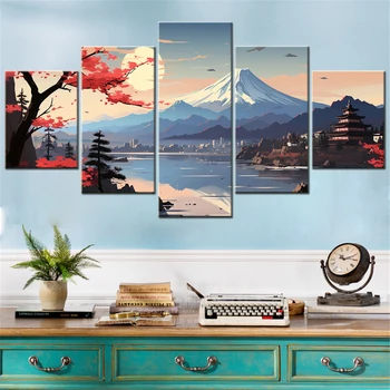 5 Panel HD Printed Canvas Wall Art Abstract Vector Illustration Scenery Picture Aesthetic Poster Room Decoration without Frame