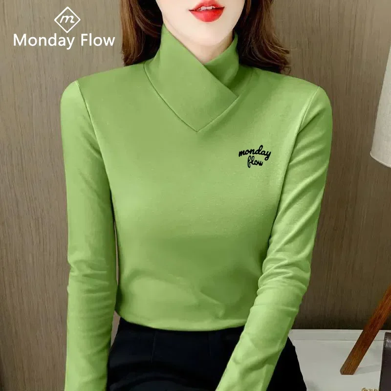 Mondayflow Spring Tennis Women's Long Sleeve T-shirt Plush Warm Elastic Bottom Shirts Half High Neck Fashion Golf Sports T-shirt
