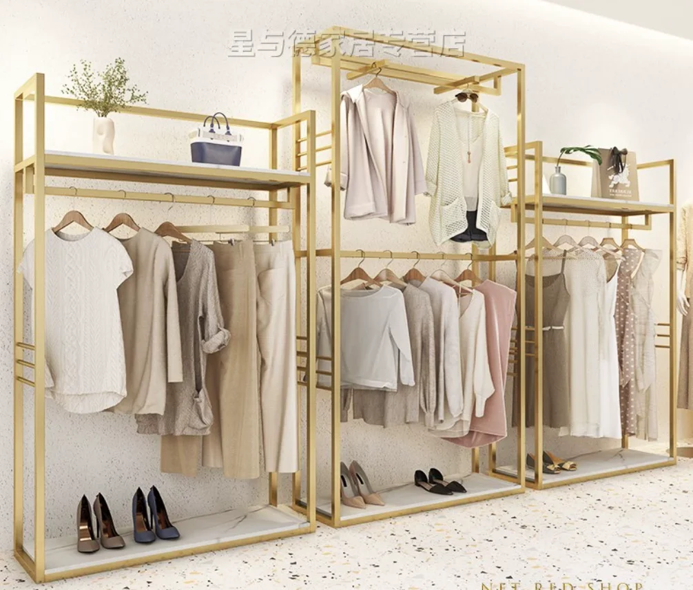 Clothing store shelves, floor standing women's clothing display racks, high-end clothes, gold double-layer hangers, floor standi