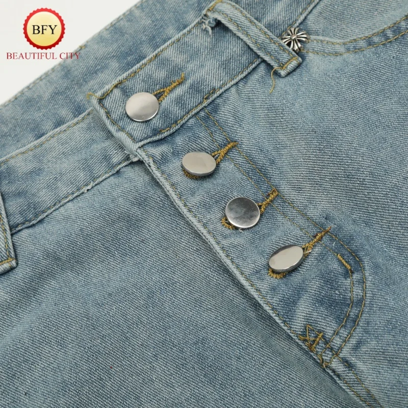 High Street Black Blue ThugClub Star and Moon Patchwork Leather Embroidery Logo Straight Loose High Quality Mens Womens Jeans 4