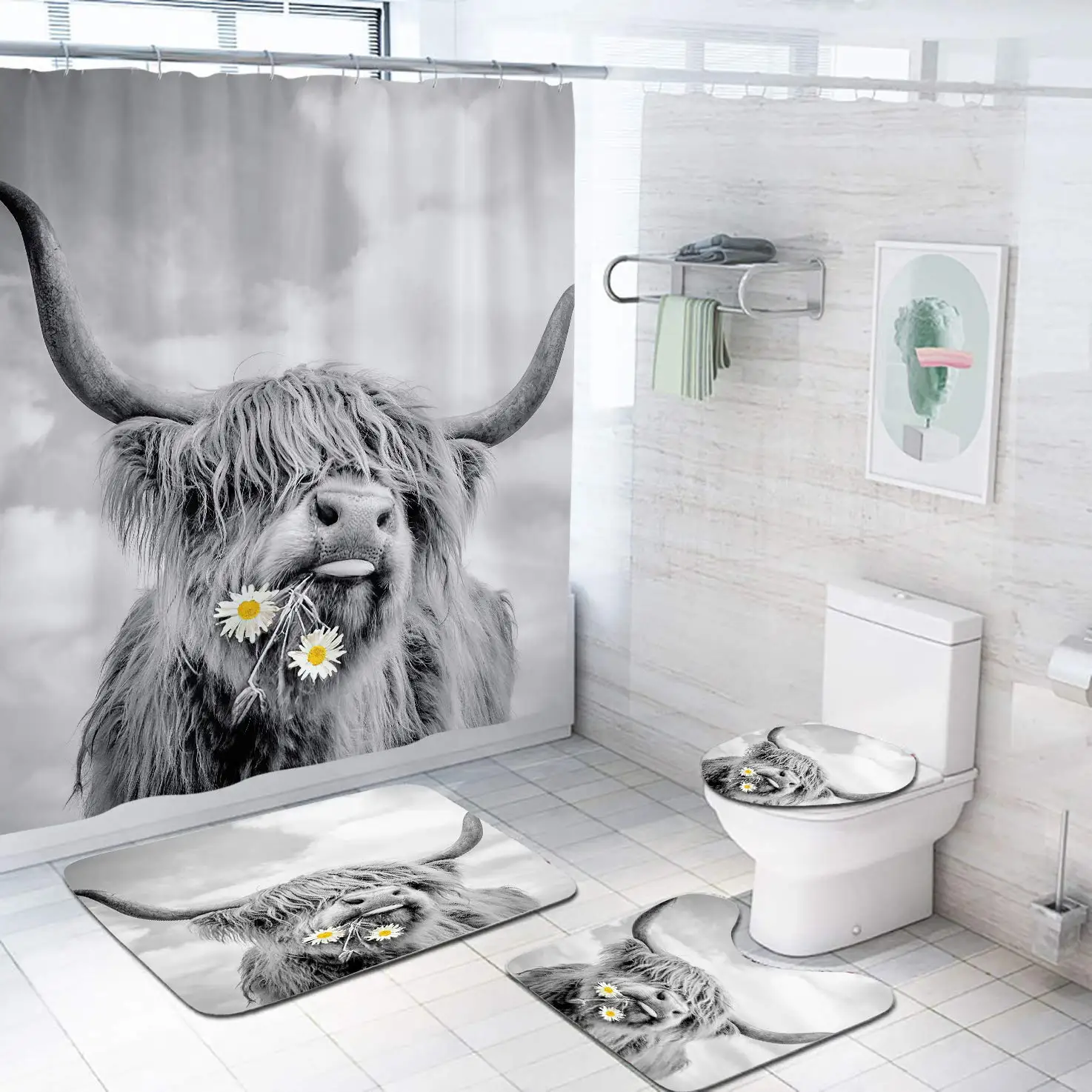 JAWO Farmhouse Highland Cow Fabric Shower Curtain, Cow Shower Curtain with  Hooks, Funny Cattle Bull Cow Floral on Marble Bathroo - AliExpress