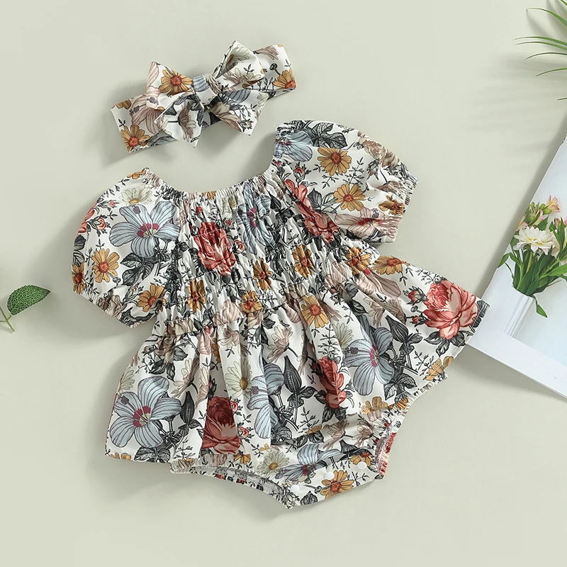 

Baby Girl Summer Clothes Infant Ruffle Sleeve Romper Dress Bodysuit Tutu Dress 2Pcs Set with Cute Floral Print