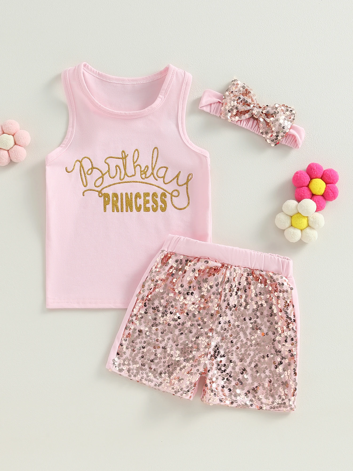 

Sparkling Pink Summer Outfit Set for Girls - Sequin Tank Tops Shorts and Headband - Perfect Princess Birthday Gift