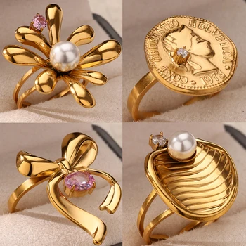 Pink Zircon Flower Bow Rings for Women Stainless Steel Gold Color Portrait Coin Ring Aesthetic Wedding Fashion Jewelry Gift