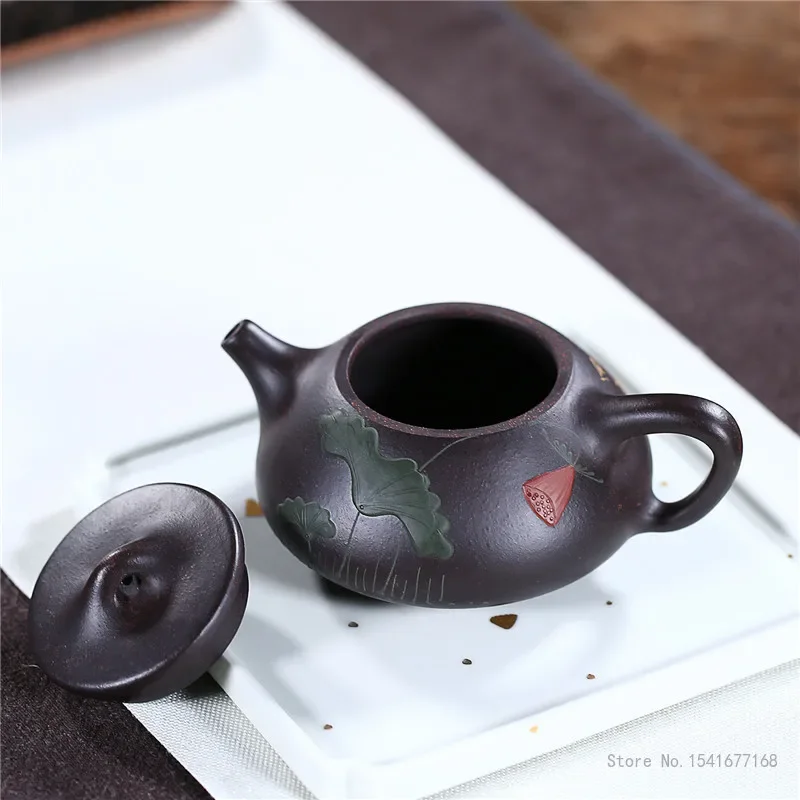 Creative Handmade Chinese Kongfu Lotus leaf pattern Tea Pots, Black gold sand Xishi Yixing Purply Clay Shipiao Teapot 240ml, 1Pc