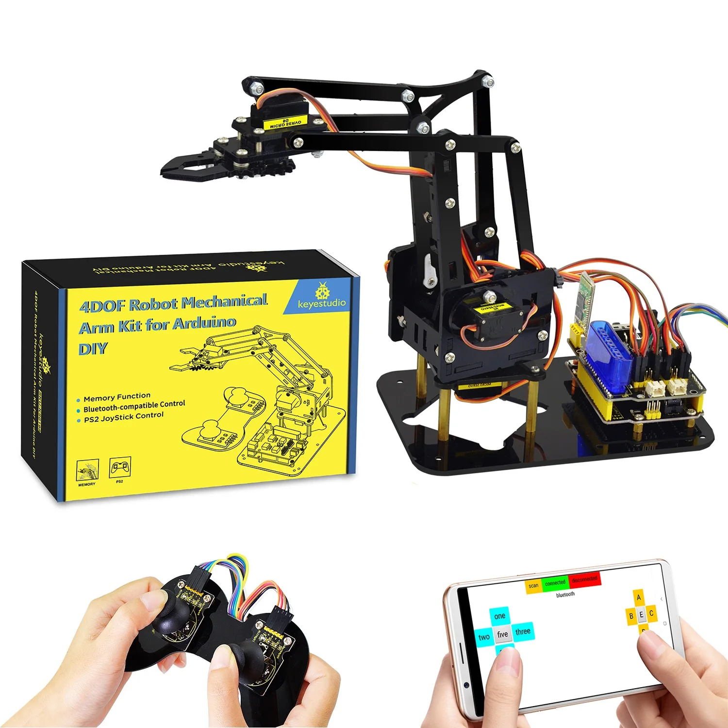 Keyestudio STEM 4DOF Robot Arm Kit Mechanical Arm Claw Kit PS2 Control For Arduino Robot Arm Kit DIY Programming Robot