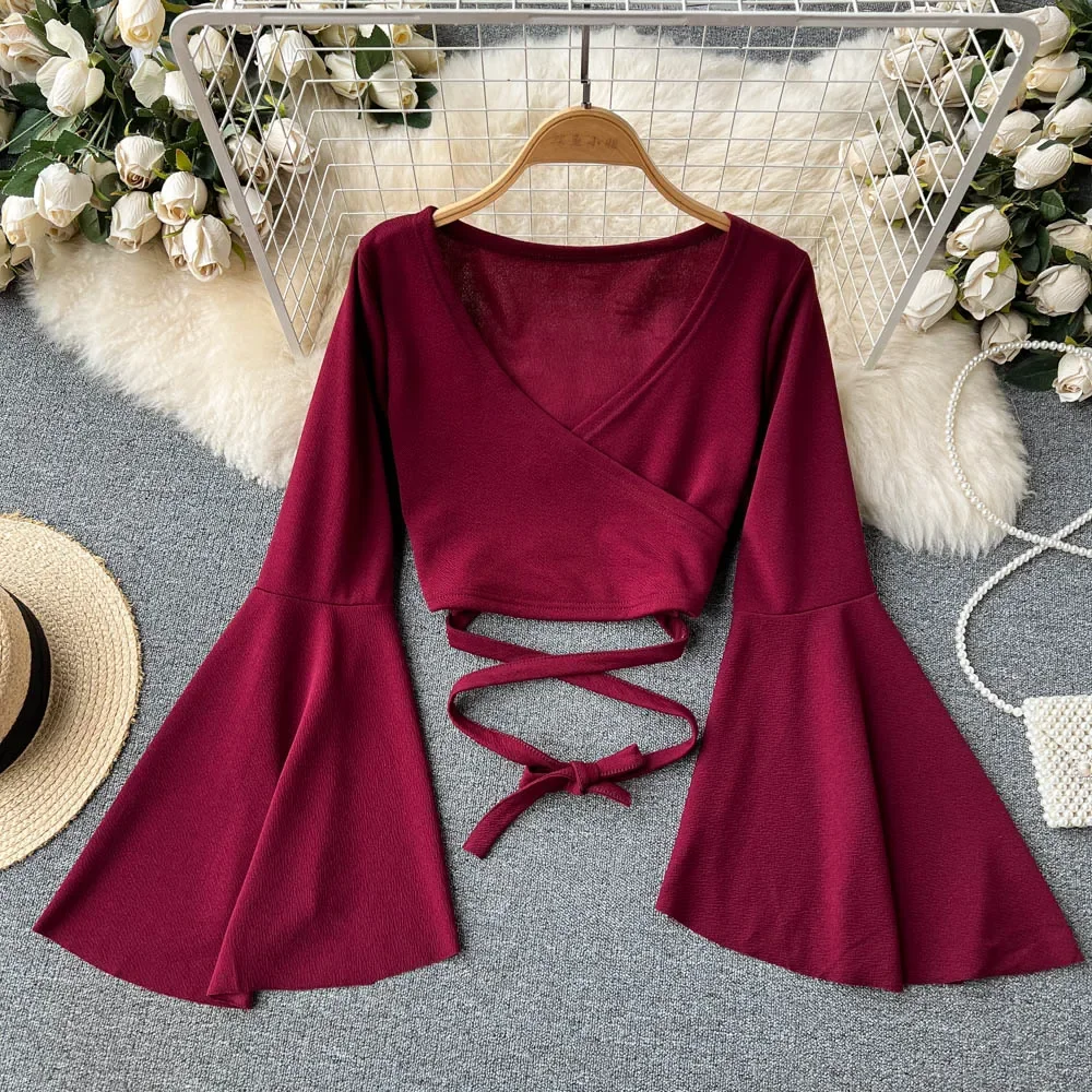Tシャツ・カットソー FLARE UP Backless Drape Long Sleeve 5BMM039 MANGOPOP Women's Cross Wrap Ruched Plunge Sexy Deep V Neck
