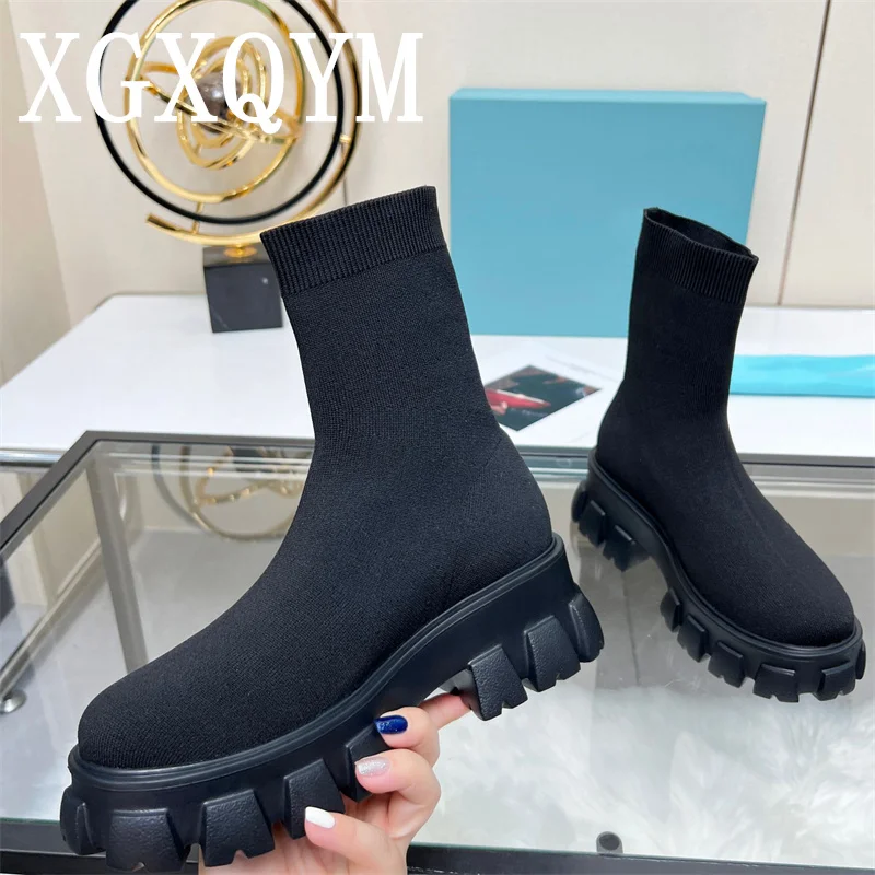 

Роскошные высокие сапоги на толстой подошве и массивном каблуке, женские вязаные эластичные сапоги для женщин, ботинки на платформе с круглым носком, модные облегающие длинные сапоги