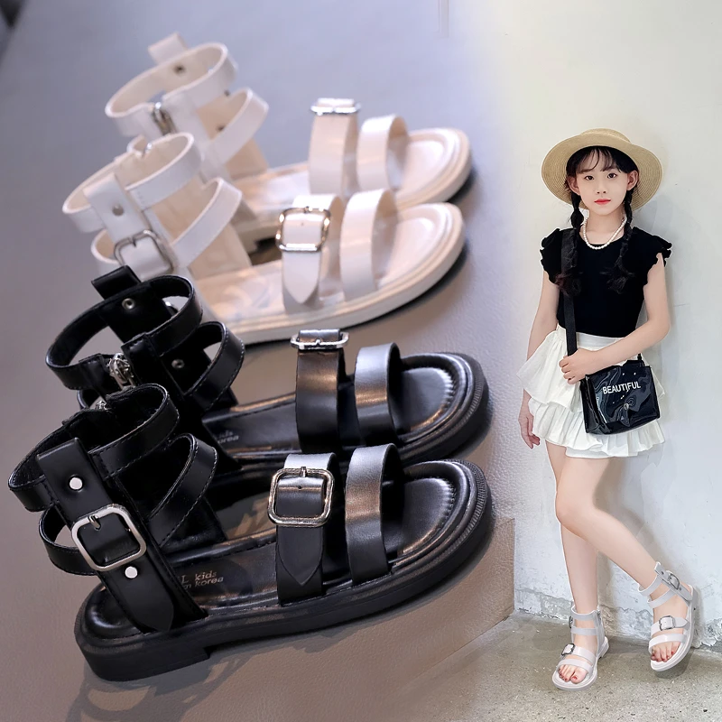 

Children Roman Sandals 2024 Summer New Little Girl Soft Sole English Style High Top Metal Buckle Princess Shoes Beach Shoes