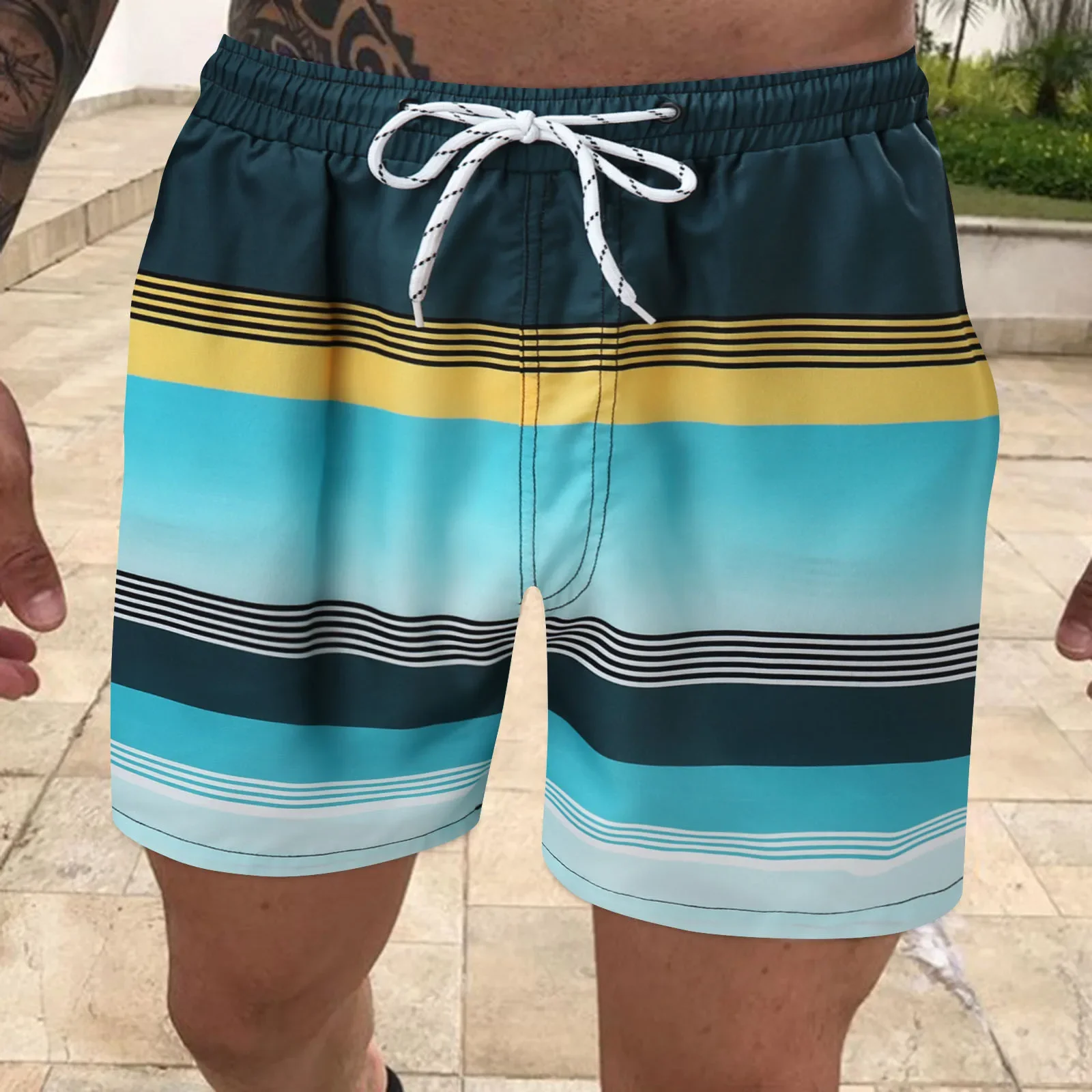 Men's board shorts Fashion striped print color contrast Swim shorts Classic drawstring swim shorts Summer surf swim suit 3
