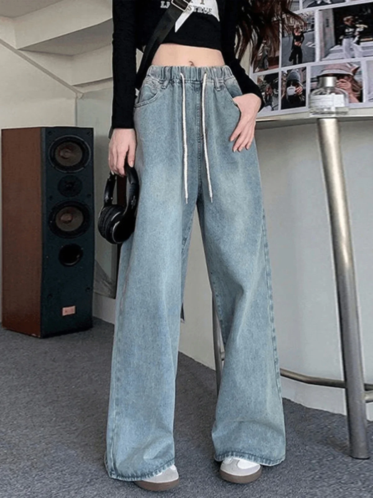 Botvotee Elastic Waist High Waist Wide Leg Jeans for Women Loose Straight Blue Long Denim Pants Female Fashion Streetwear Jeans 4 Botvotee Elastic Waist High Waist Wide Leg Jeans for Women Loose Straight Blue Long Denim Pants Female Fashion Streetwear Jeans - Image 4