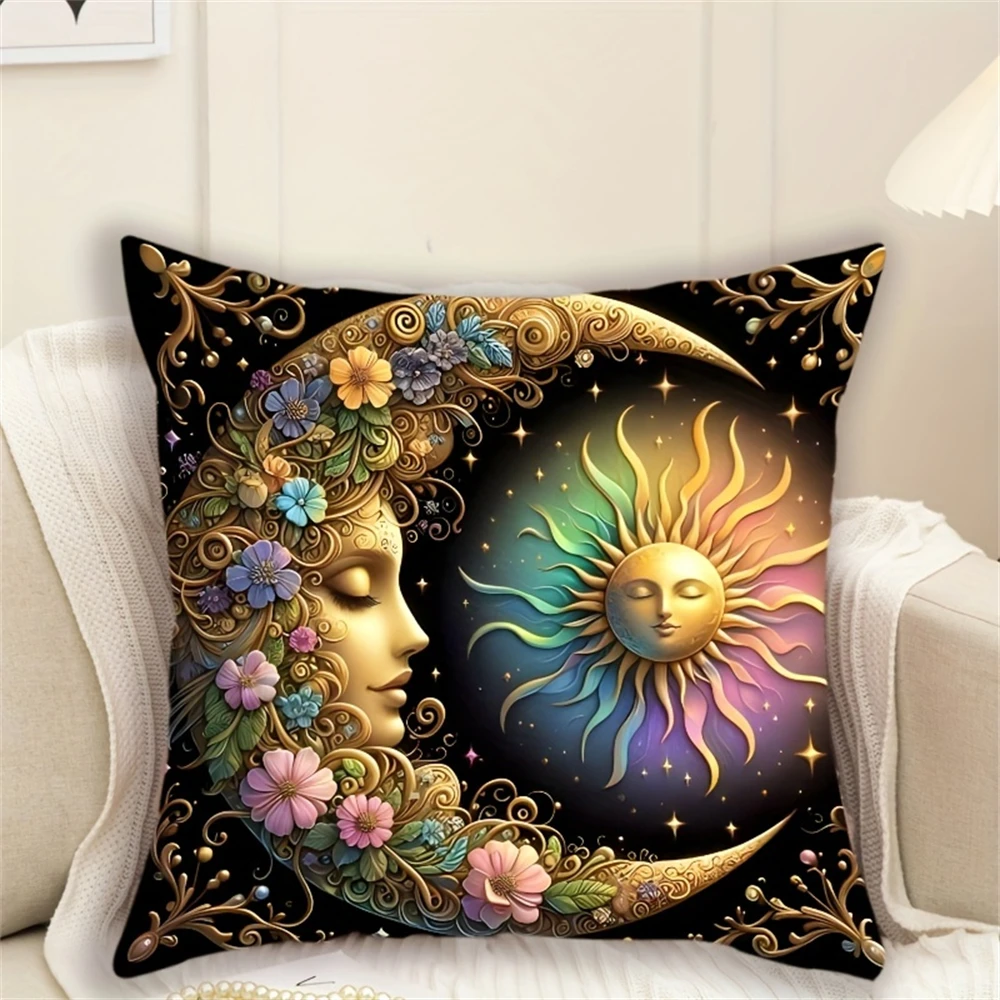 A Bohemian style pillowcase inspired by the celestial sun and moon, made of short velvet fabric, measuring 17.7x17.7 inches, wit 3