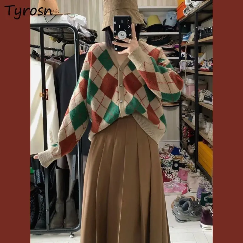 

M-4XL Women Sets Design Argyle Sweaters Mujer Fashion V-neck Long Sleeve Knitted Tops British Style Midi Pleated Skirt Clothing