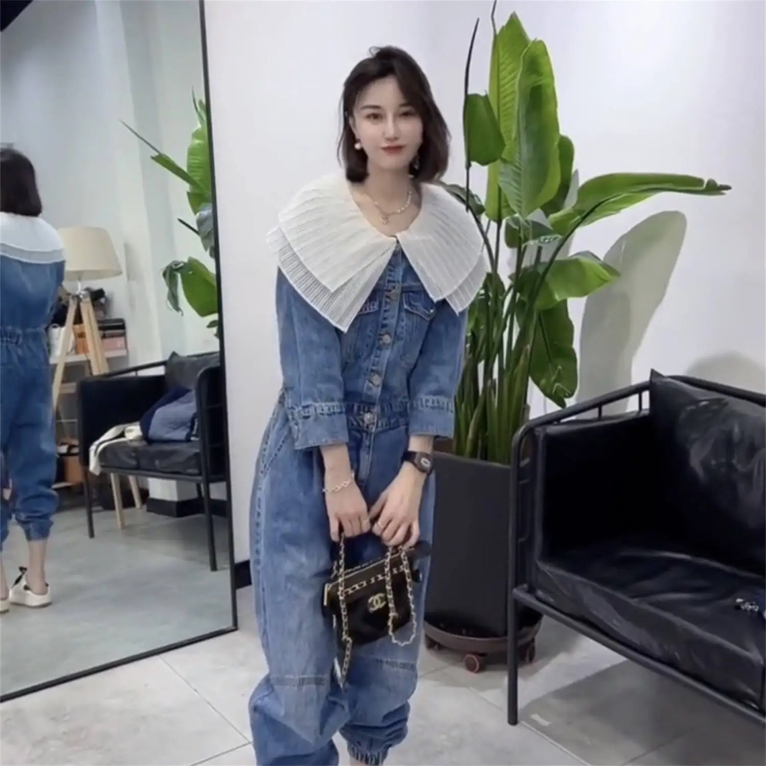 Jumpsuit Women Autumn Spring Organza Doll Collar Cotton High Waist Full Sleeve Cargo Pants Elastic Waist Jumpsuit Girls Sweet