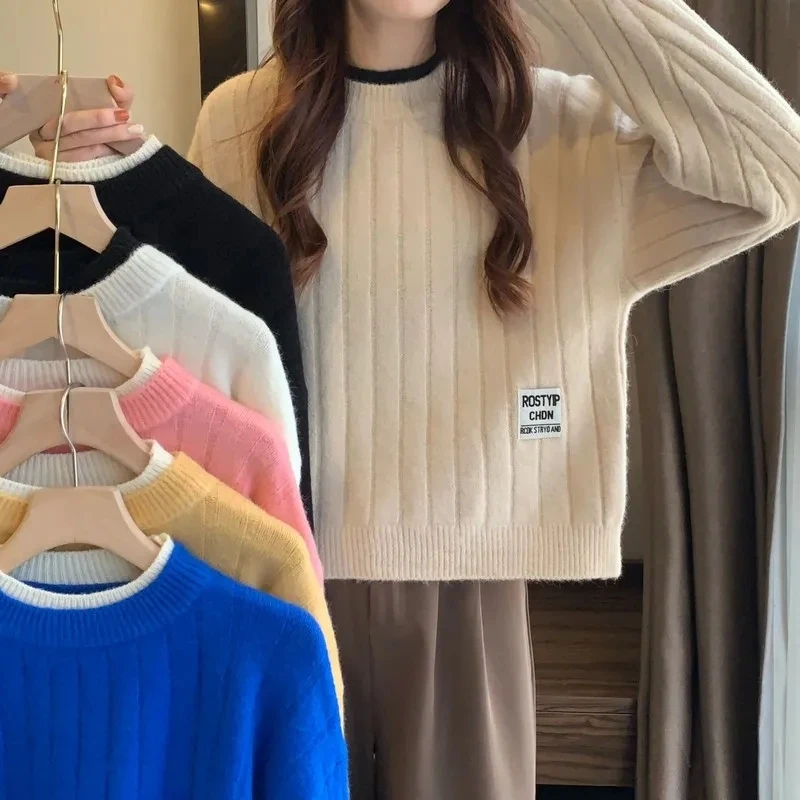 

Autumn Winter Loose Thick Warm Cropped Pullover Sweater Korean Fashion Preppy Style Knitted Sweater Casual Soft Long Sleeve Tops