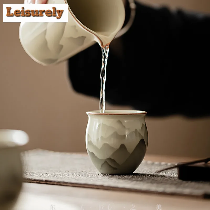 2pc/lot Mountain Flower Ru Kiln Porcelain Egg Shaped Teacup Creative Tea Bowl Cup Tea Meditation Cup Jianzhan Tea Ceremony 90ML