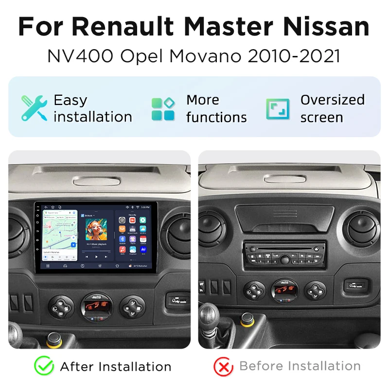 Radio para Auto Junsun de 8 Núcleos con 4G WiFi para Renault Master, Nissan NV400, Opel Movano 2010-2021, Pantalla IPS, CarPlay, Android Auto, GPS, Navegador, Estéreo, SWC, BT, FM, AM, RDS, DSP, 2Din, Mirror Link, Reproductor Multimedia, Chat de Voz con IA, Cámara 360 Opcional, Actualización OTA, Unidad Principal 2