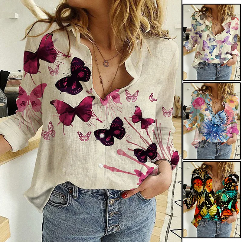 Butterfly Aesthetic Printing Graphic Women's Blouse Elegant Harajuku Tops  Oversize Women's Shirt Long Sleeve Vintage Clothing