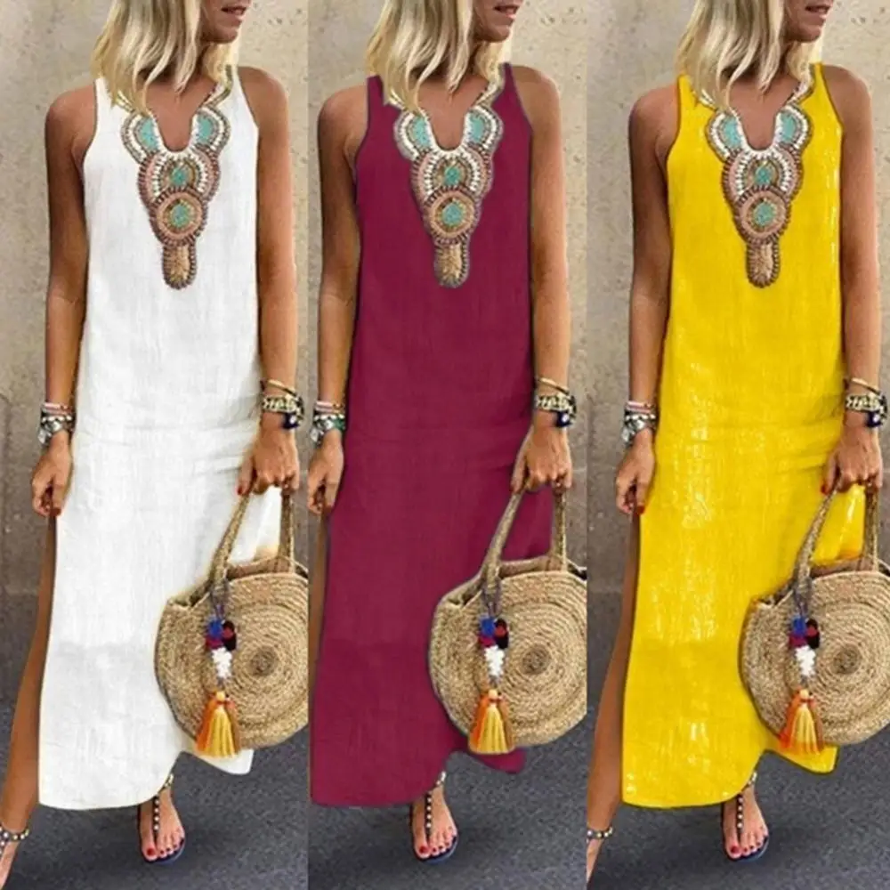 

HOT Summer Women Paisley Print V Neck Sleeveless Split Maxi Linen Loose Kaftan Dress