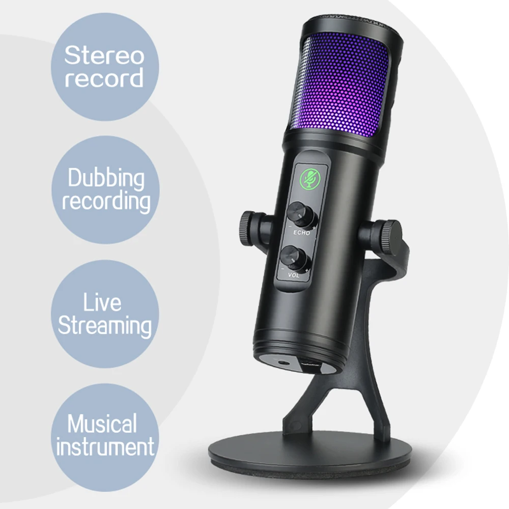 USB Microphone Mic RGB Colorful Lights Headphone Real-time Monitor Desktop Mic Stand for Smartphone Laptop Live Streaming Video