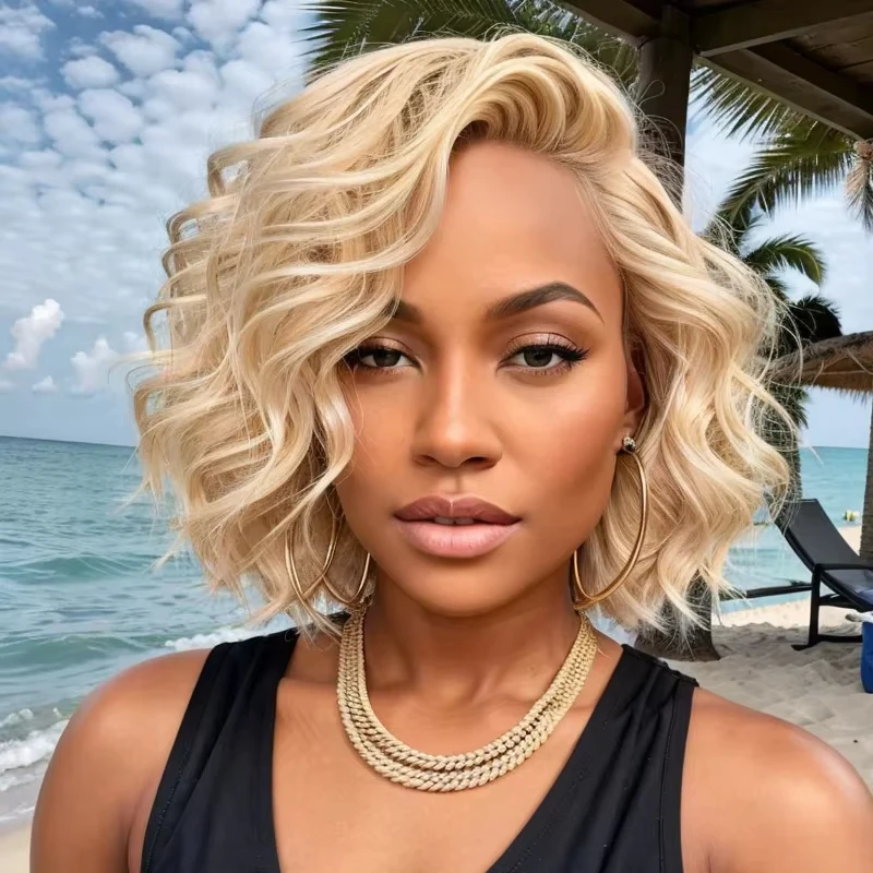 Poker Face Blonde Lace Front Bob Wigs Short Wavy Human Hair Wigs