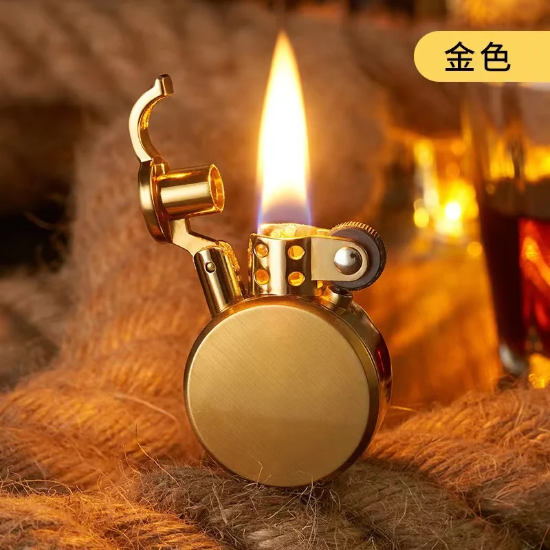 Kerosene Lighter Retro Round Kerosene Lighter Creative Metal Windproof Flame Lighter Gold and Silver Oil Smoking Accessories Tool