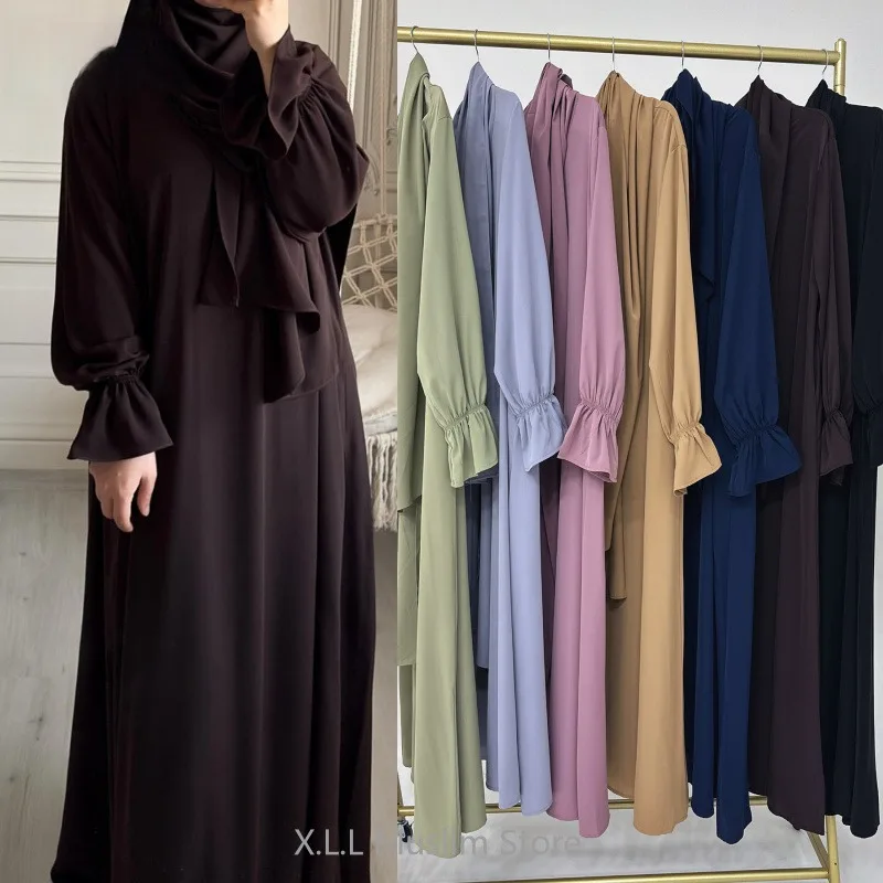 Eid Ramadan Plain Abaya With Integrated Hijab Scarf Women's Prayer Garment Muslim Dubai Kaftan Islam Robe Clothing Djellaba