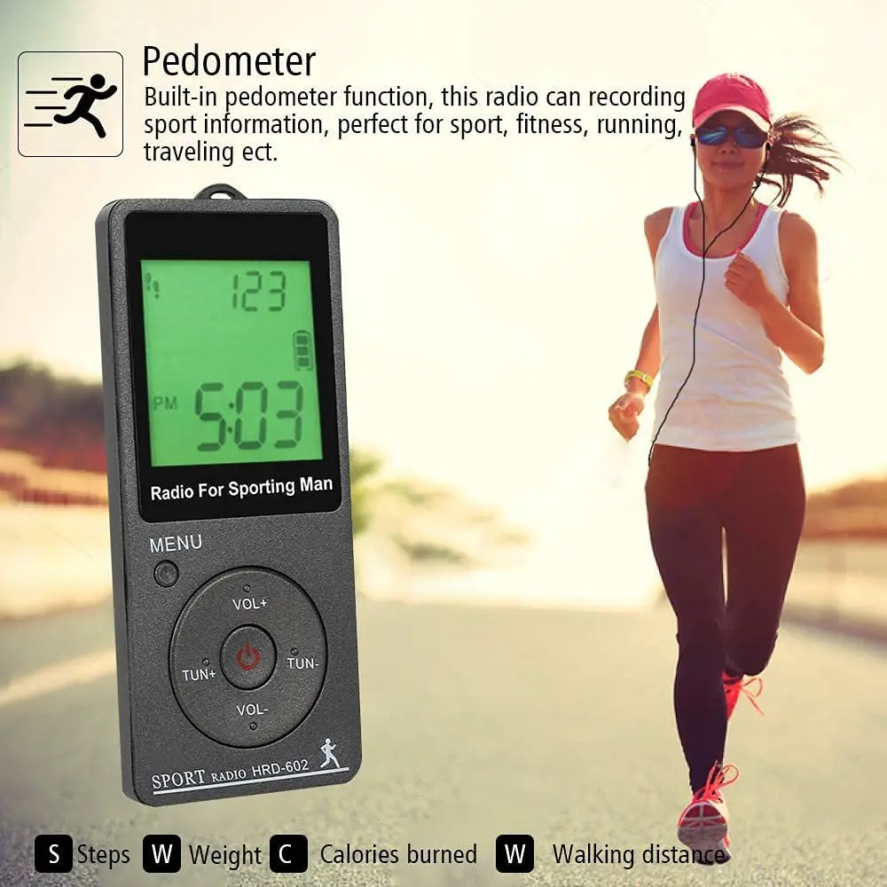 Mini Rádio de Bolso com Pedômetro e Fones de Ouvido Sintonização Digital am fm Display Led Portátil Esportes Corrida Caminhada - Image 6