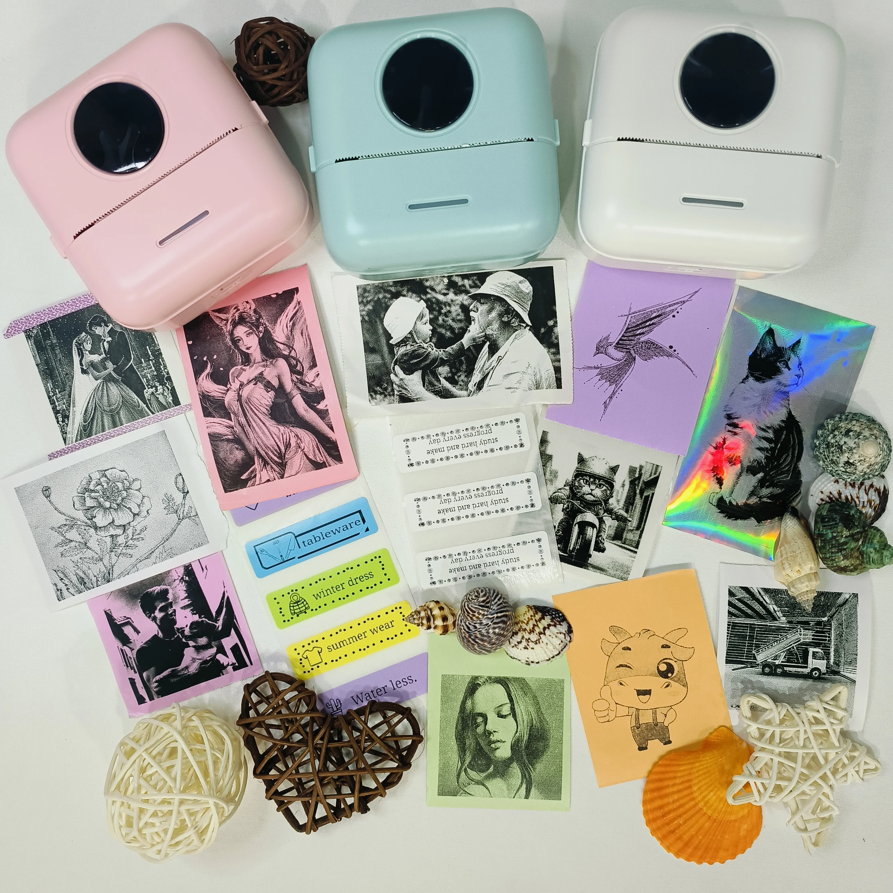 휴대용 미니 열전사 블루투스 프린터 (10개 용지 롤 포함), 내장형 충전식 배터리 및 잉크 없는 사진/라벨 인쇄 기능