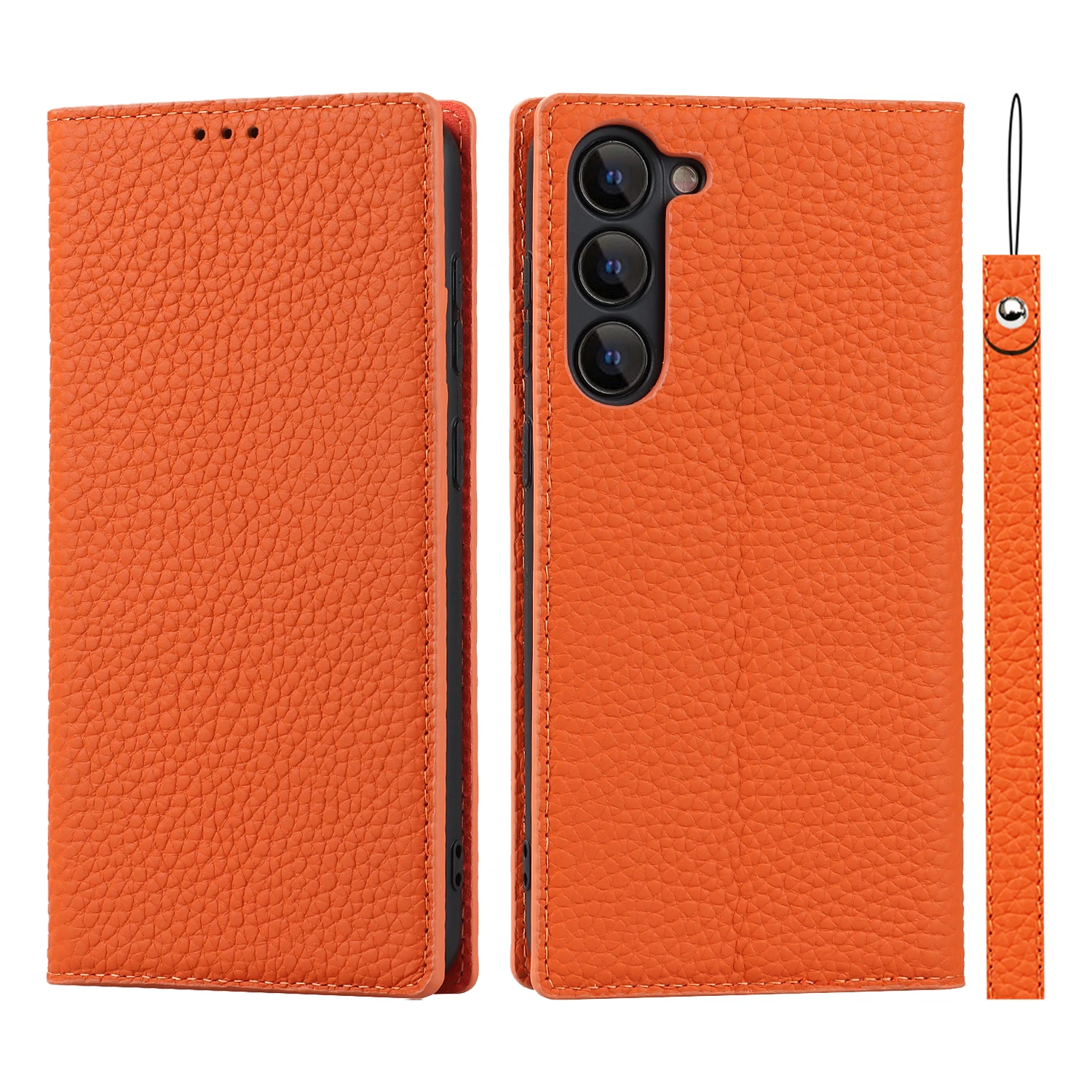 Luxury Cowhide Genuine Leather Flip Case with Lanyard