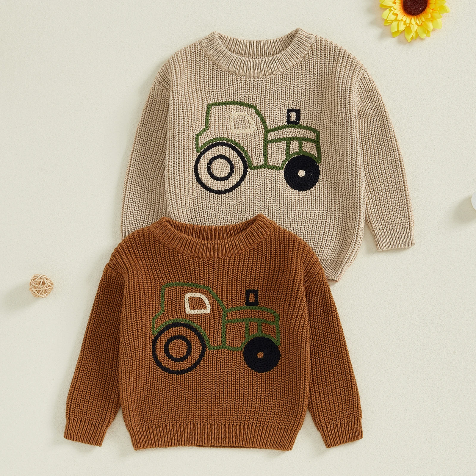 Kids Sweaters Winter Knitted Clothing Truck Embroidery Long Sleeve Baby Pullover Top Knitwear