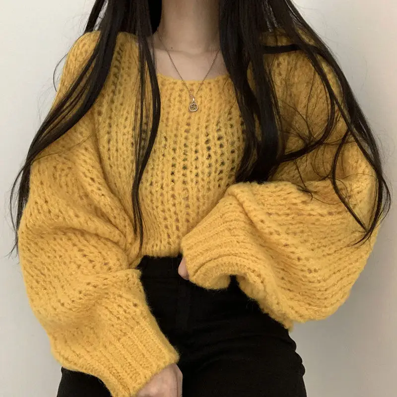 Oversized Sweaters for Women 2023 Pull Femme  Clothes O-neck Lantern Sleeve Casual Jumper Knitted Korean Cropped Pullovers