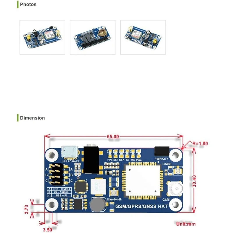 GSM/GPRS/GNSS 블루투스 HAT 모듈 SMS GPS UART용 SIM868 기반 4B/3B/3B+/2B/Zero/Zero-A31R