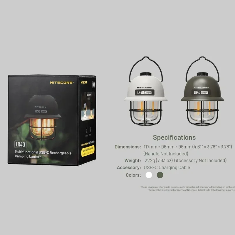 NITECORE LR40 USB-C Rechargeable Camping Lantern 100Lumens Runtime 65 Hours 3 Light Sources