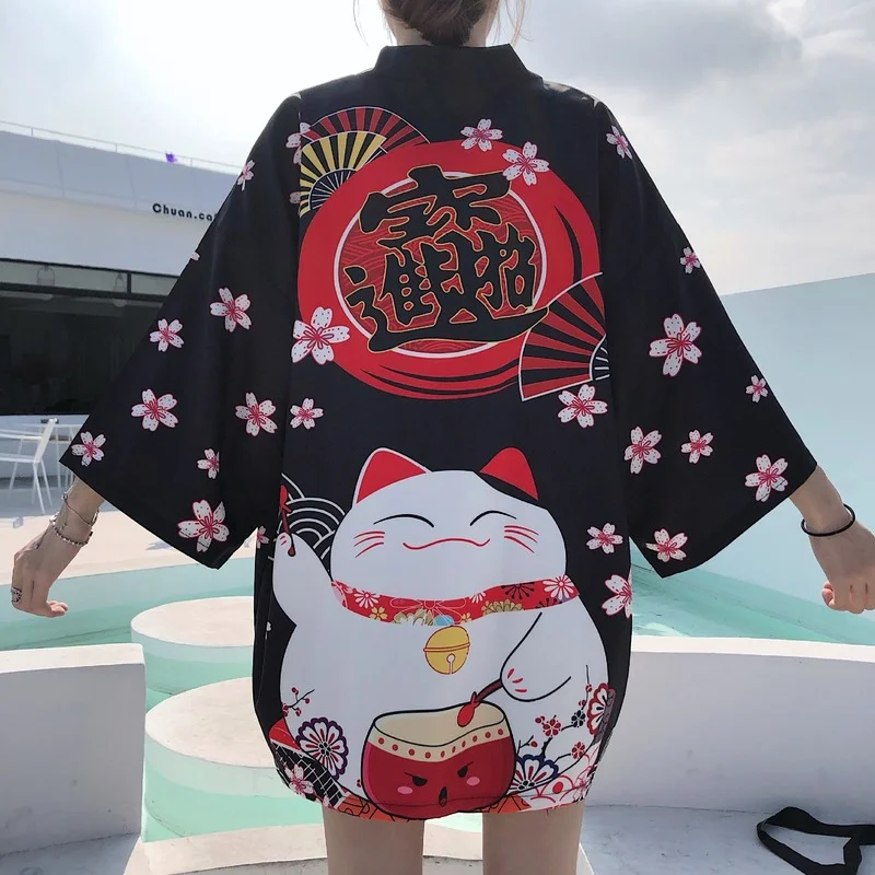 

Cat Print Kimono Cardigan Women Japanese Traditional Style Haori Harajuku Kawaii Cute Blouse Shirt Short Yukata Summer Spring