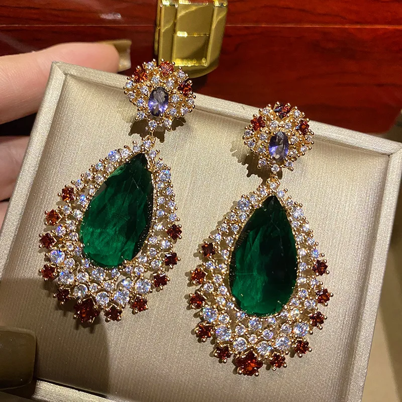

2023 Women Grandmother Green Water Drop Red Diamond Lace Vintage Baroque Crystal Earrings