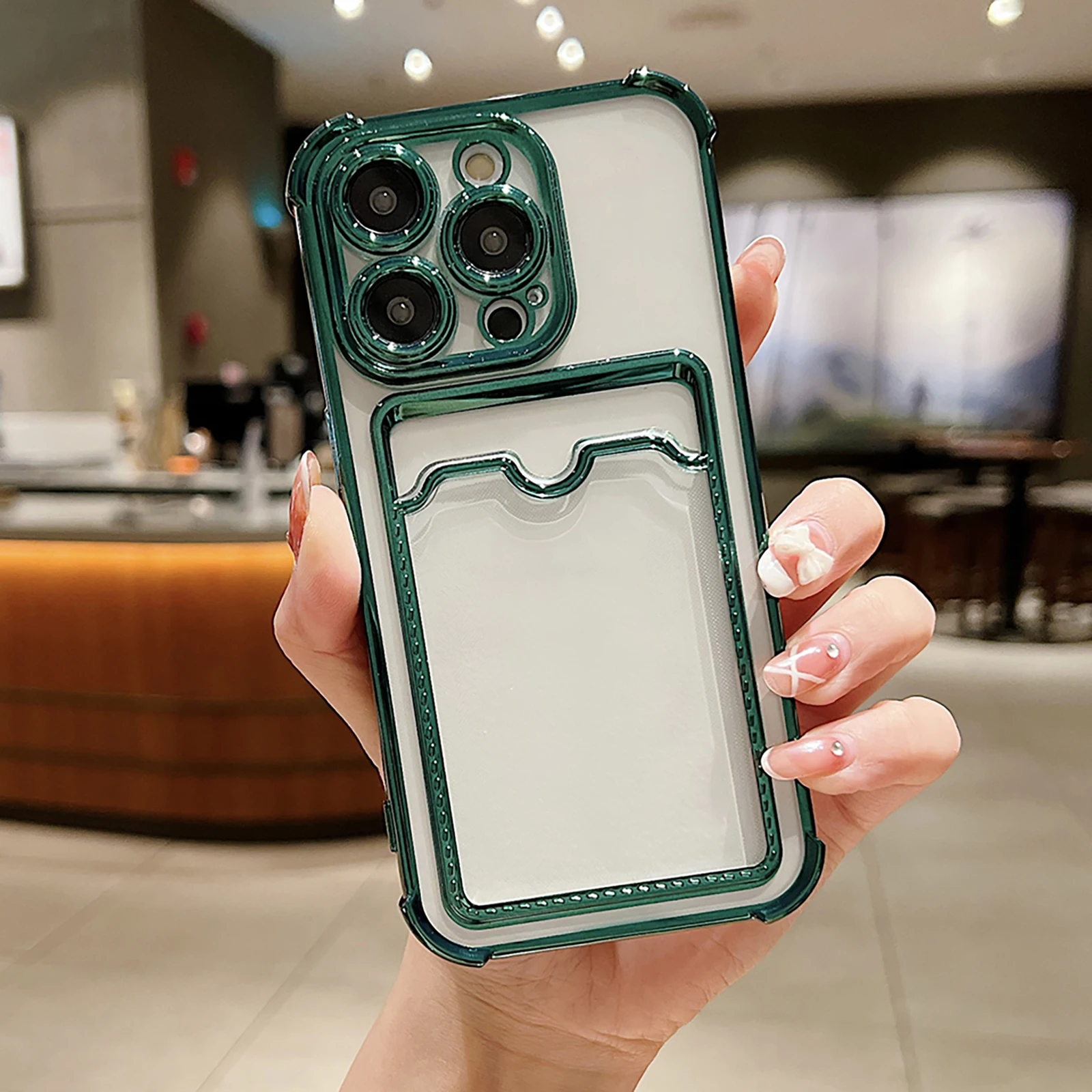 thumbnail image 1 of Funda de teléfono con revestimiento transparente para iPhone 15, 14, 13, 12, 11 Pro Max Plus, silicona suave, a prueba de golpes, transparente, tarjetero, bolsillo, 1 of 5